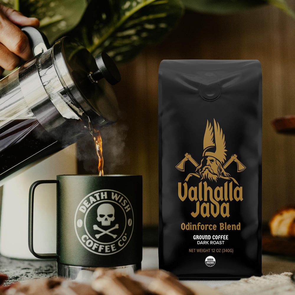 Death Wish Coffee close-up of Valhalla Java label highlighting Fair Trade and roast info