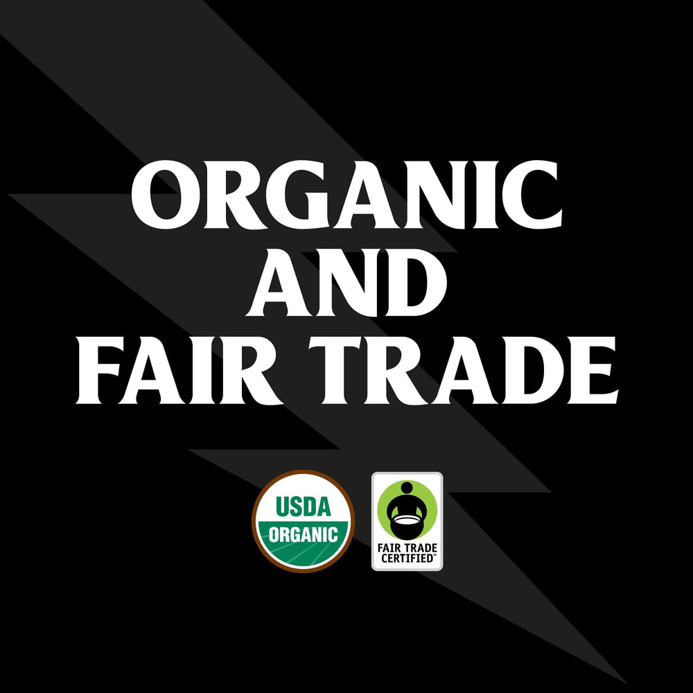 Death Wish Coffee label detail with USDA Organic and Fair Trade certifications visible