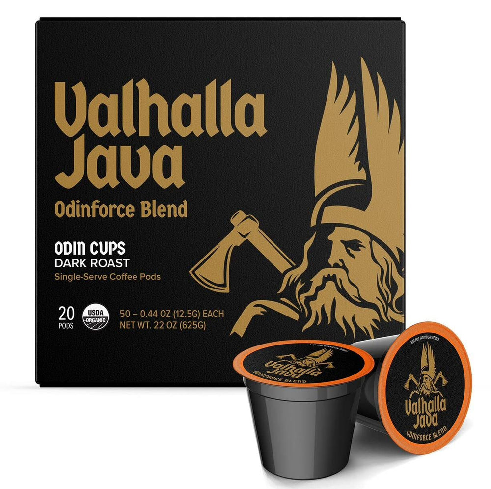 Death Wish Coffee Valhalla Java front packaging showing 20-count pod box and bold branding for convenience