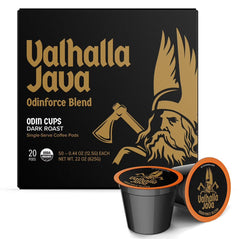 Death Wish Coffee Valhalla Java front packaging showing 20-count pod box and bold branding for convenience