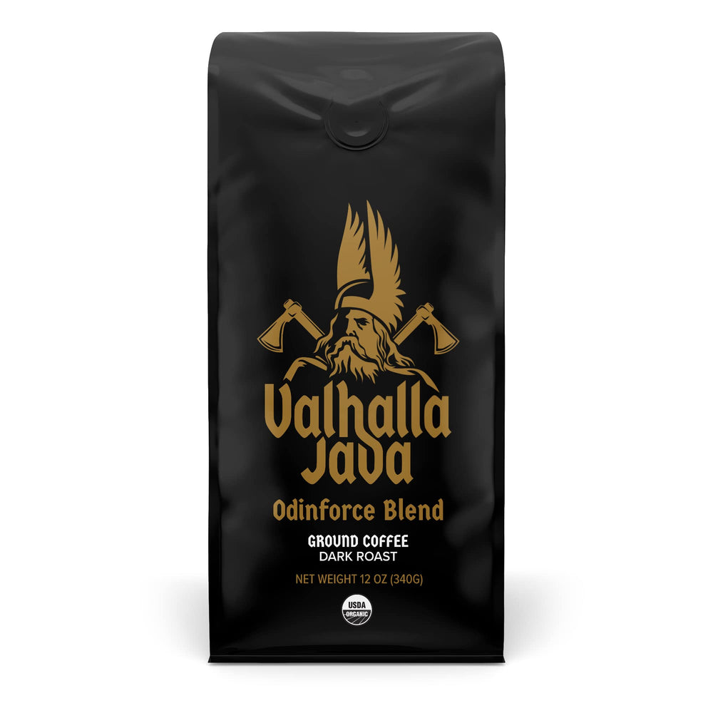 Death Wish Coffee front packaging showing bold Valhalla Java branding and organic badge