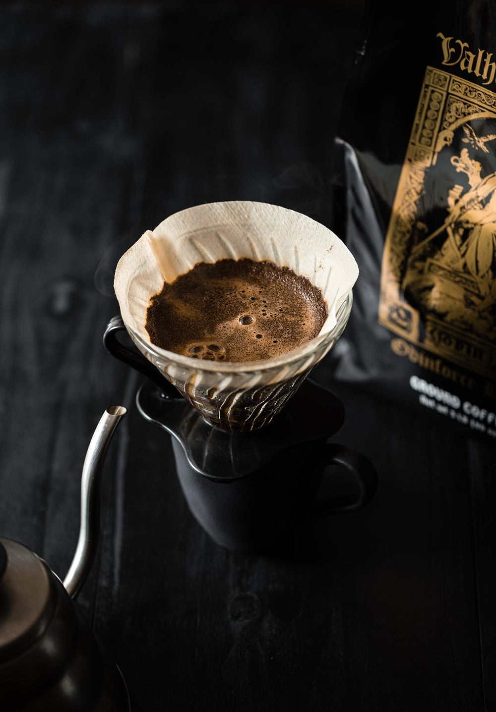 Death Wish Coffee scoop on scale beside bag illustrating the 5 lb quantity