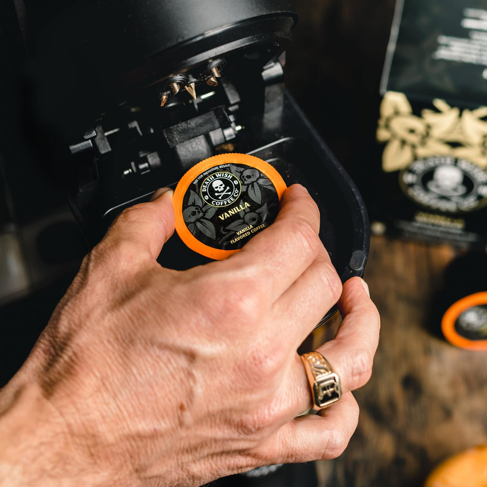 Death Wish Coffee hot mug with creamy vanilla coffee emphasizing indulgent flavor