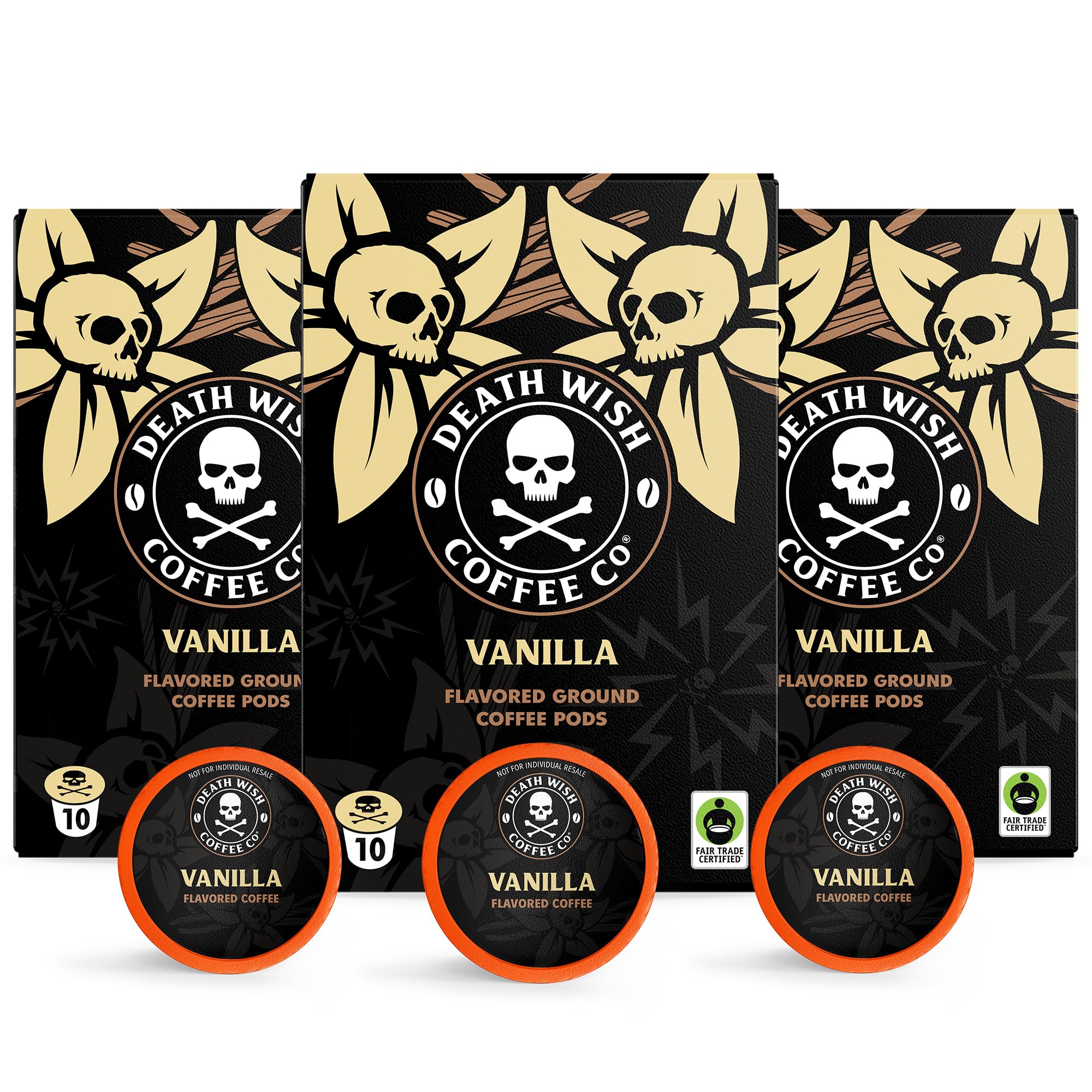 Death Wish Coffee front packaging showing bold vanilla branding and fair trade badge