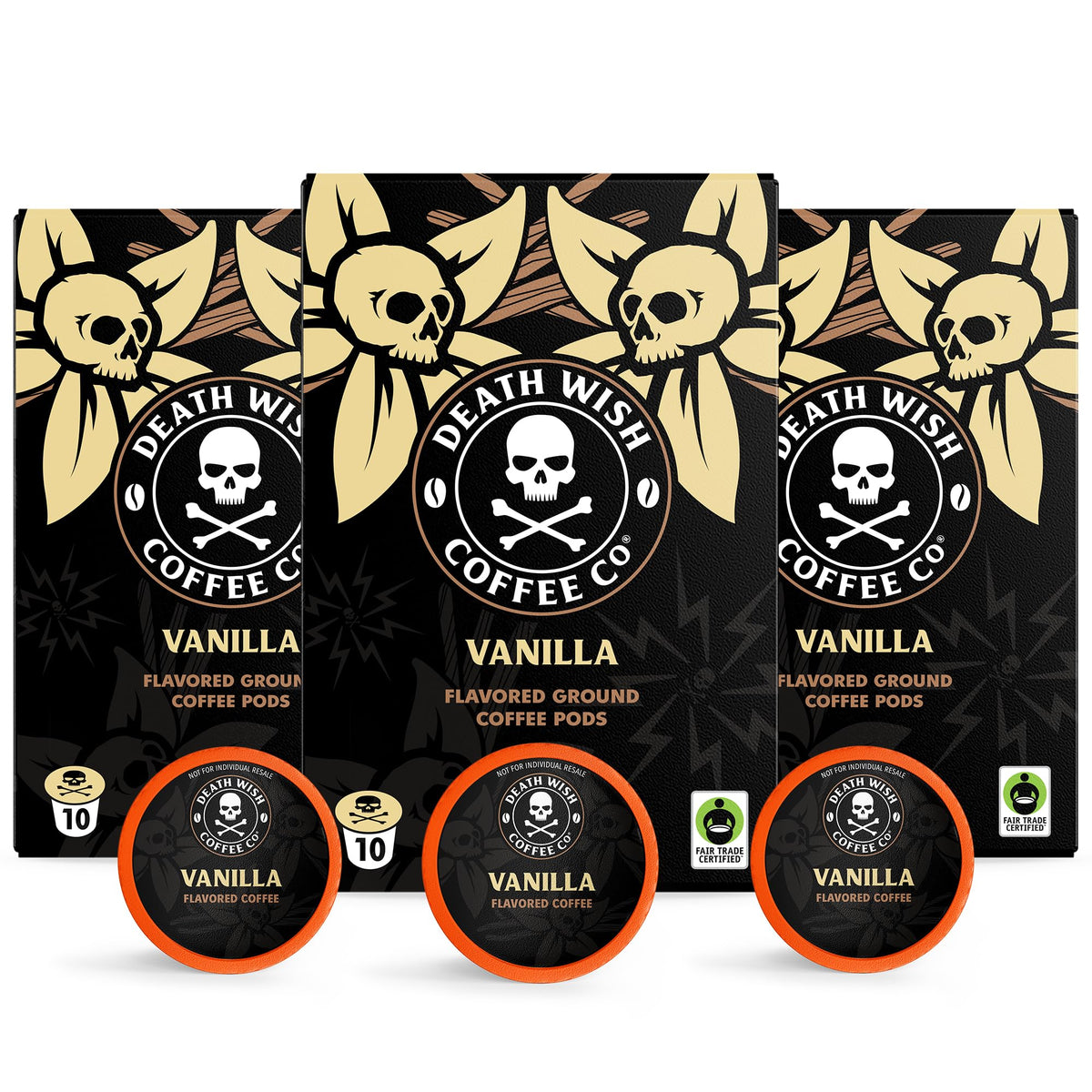 Death Wish Coffee front packaging showing bold vanilla branding and fair trade badge