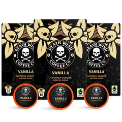 Death Wish Coffee front packaging showing bold vanilla branding and fair trade badge
