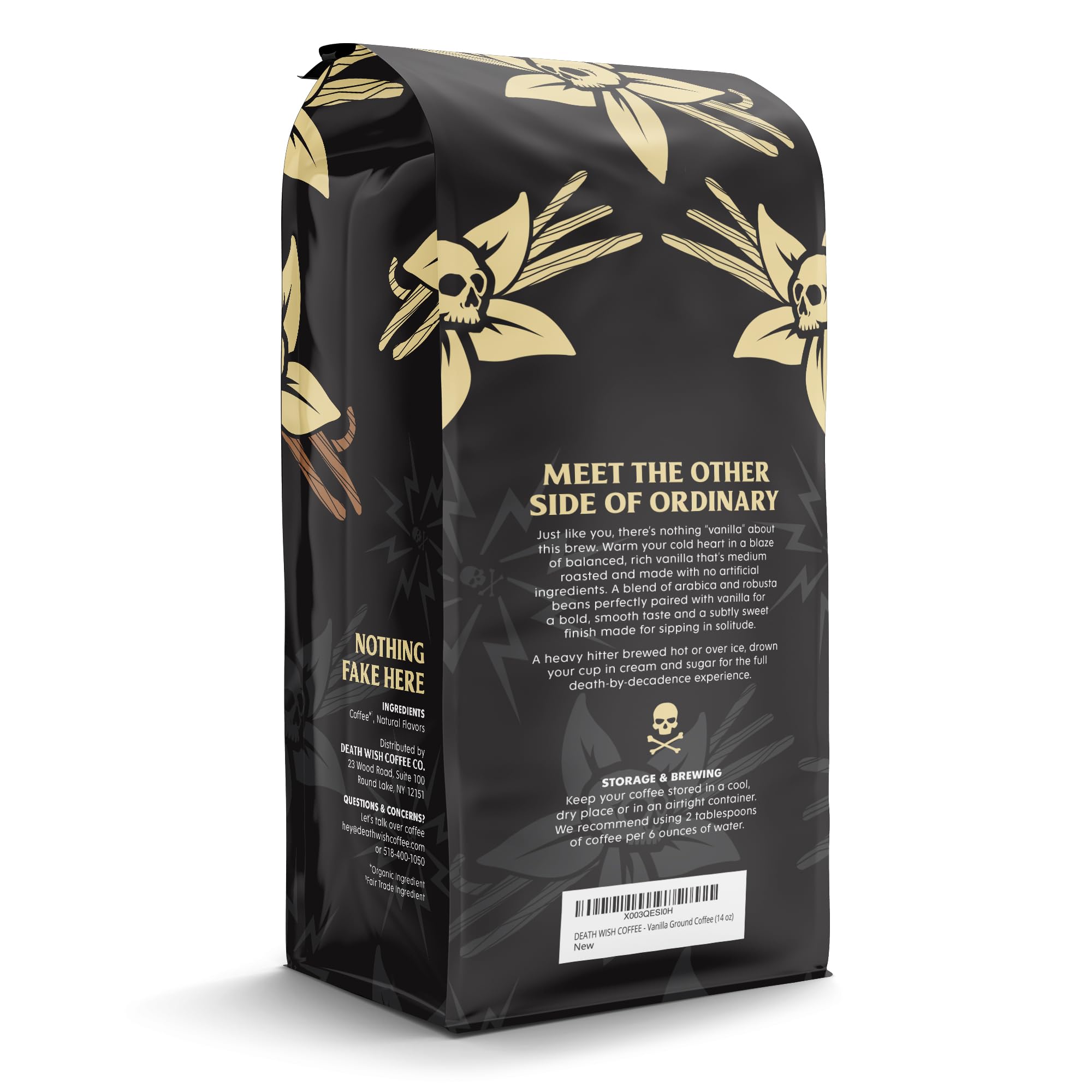 Death Wish Coffee brewed hot cup steaming with bold vanilla aroma