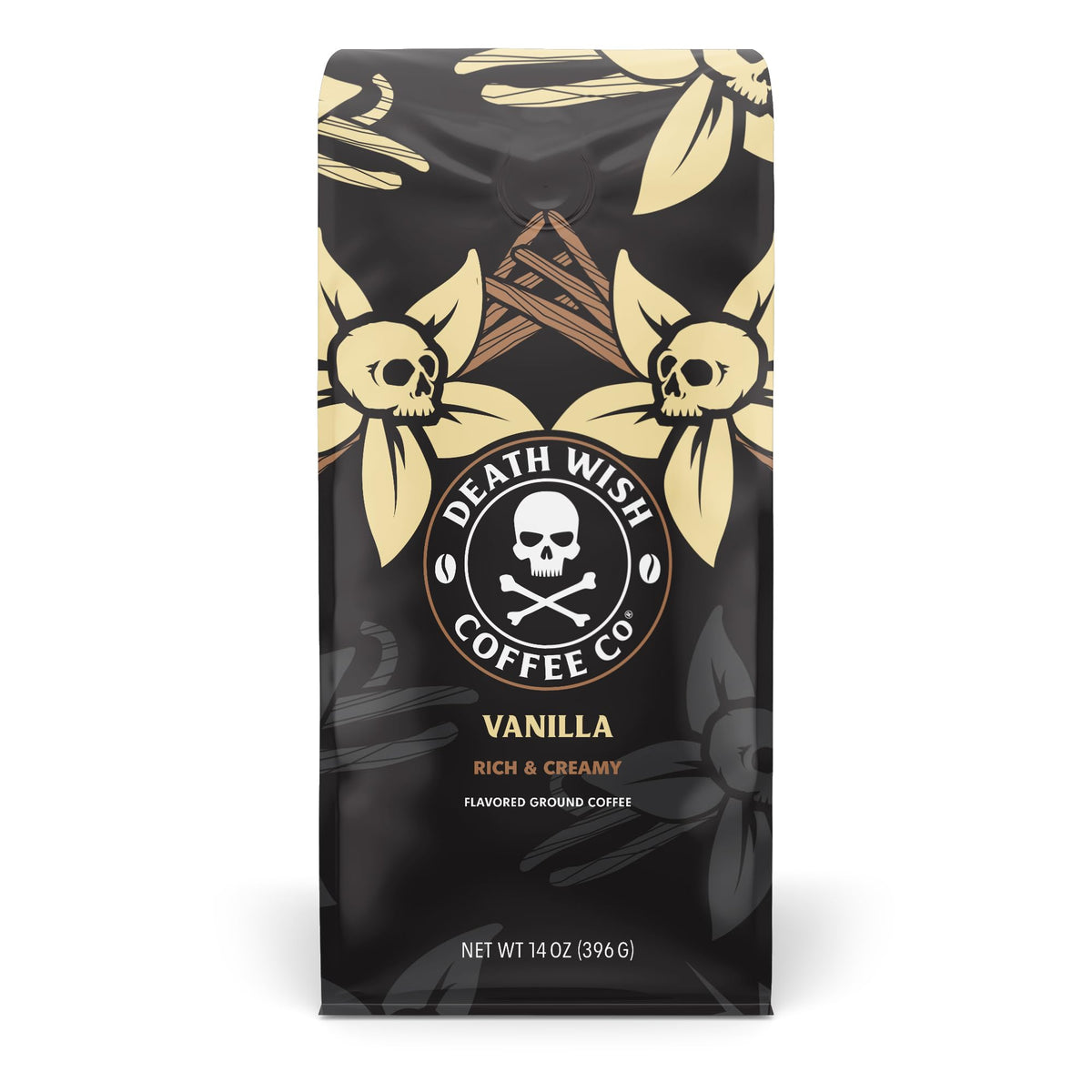 Death Wish Coffee front packaging showing bold vanilla blend and benefit