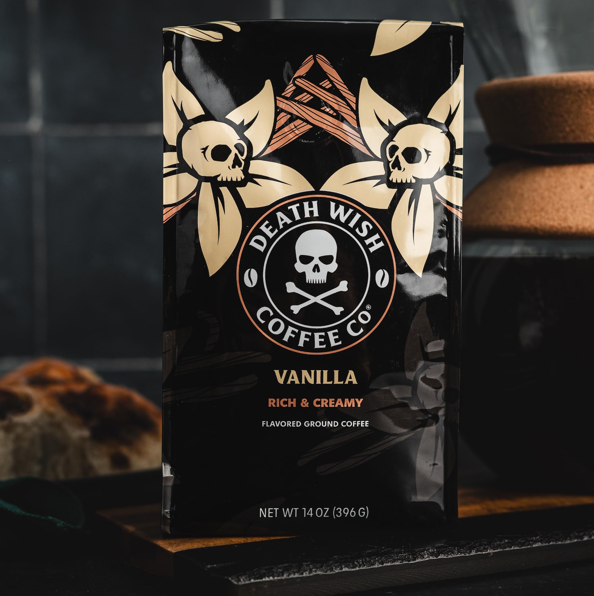 Death Wish Coffee close-up of grounds texture showing rich roast quality