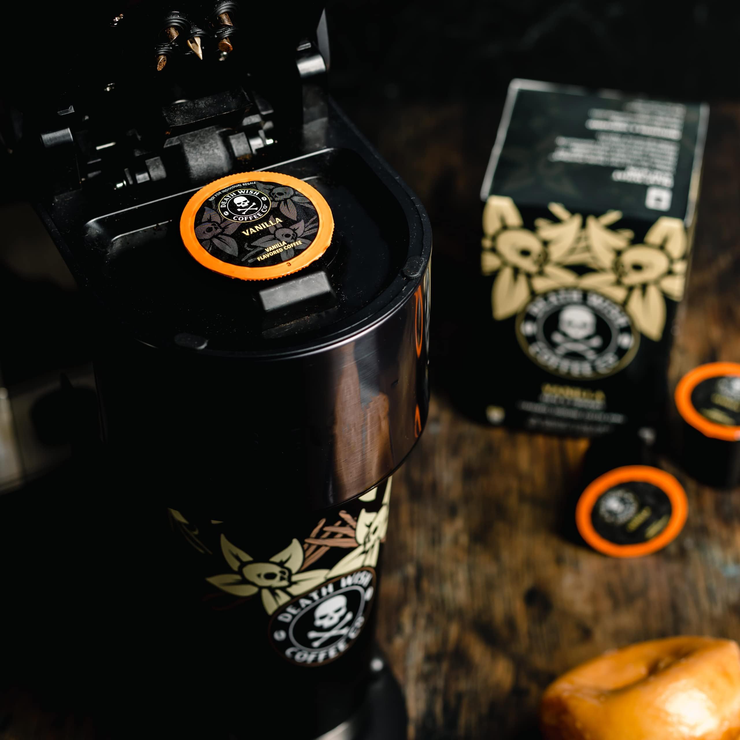 Death Wish Coffee brewed grounds pouring into cup highlighting rich vanilla aroma