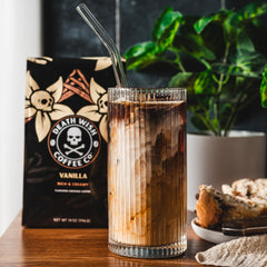 Death Wish Coffee spoon pouring ground vanilla coffee for easy measurement