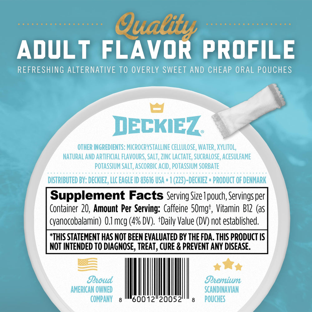 Deckiez cans beside a coffee mug comparing portion size and portability