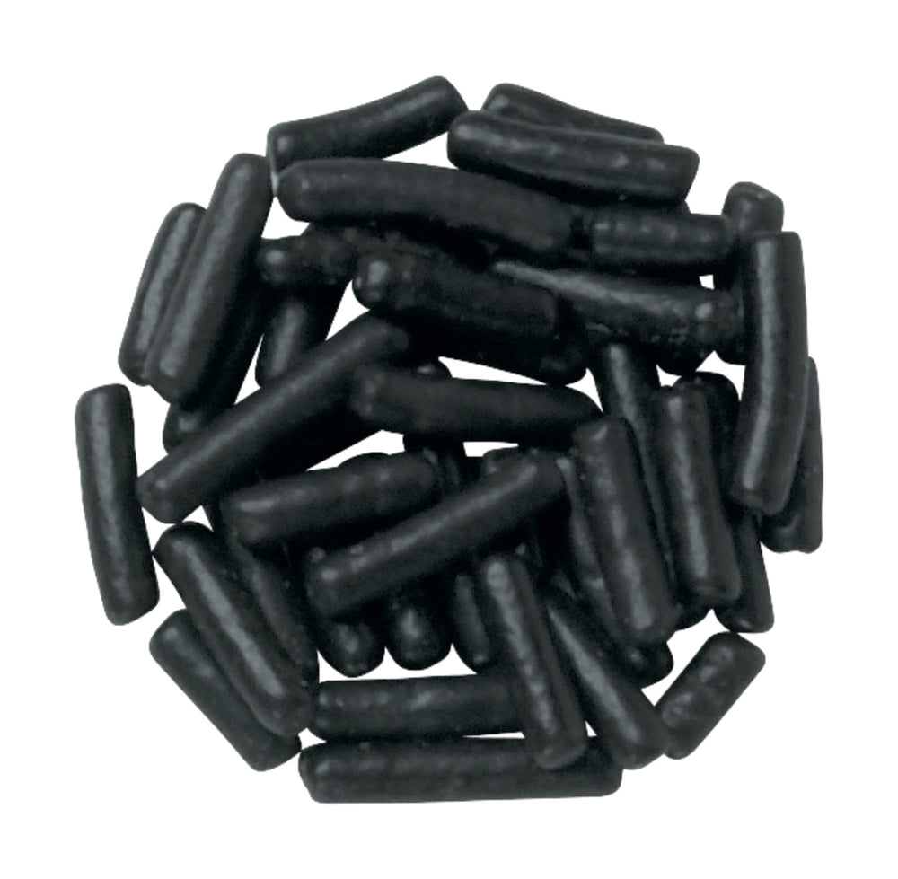 DecoPac black sprinkles close-up texture view highlighting uniform shape and consistent color for precise decorating