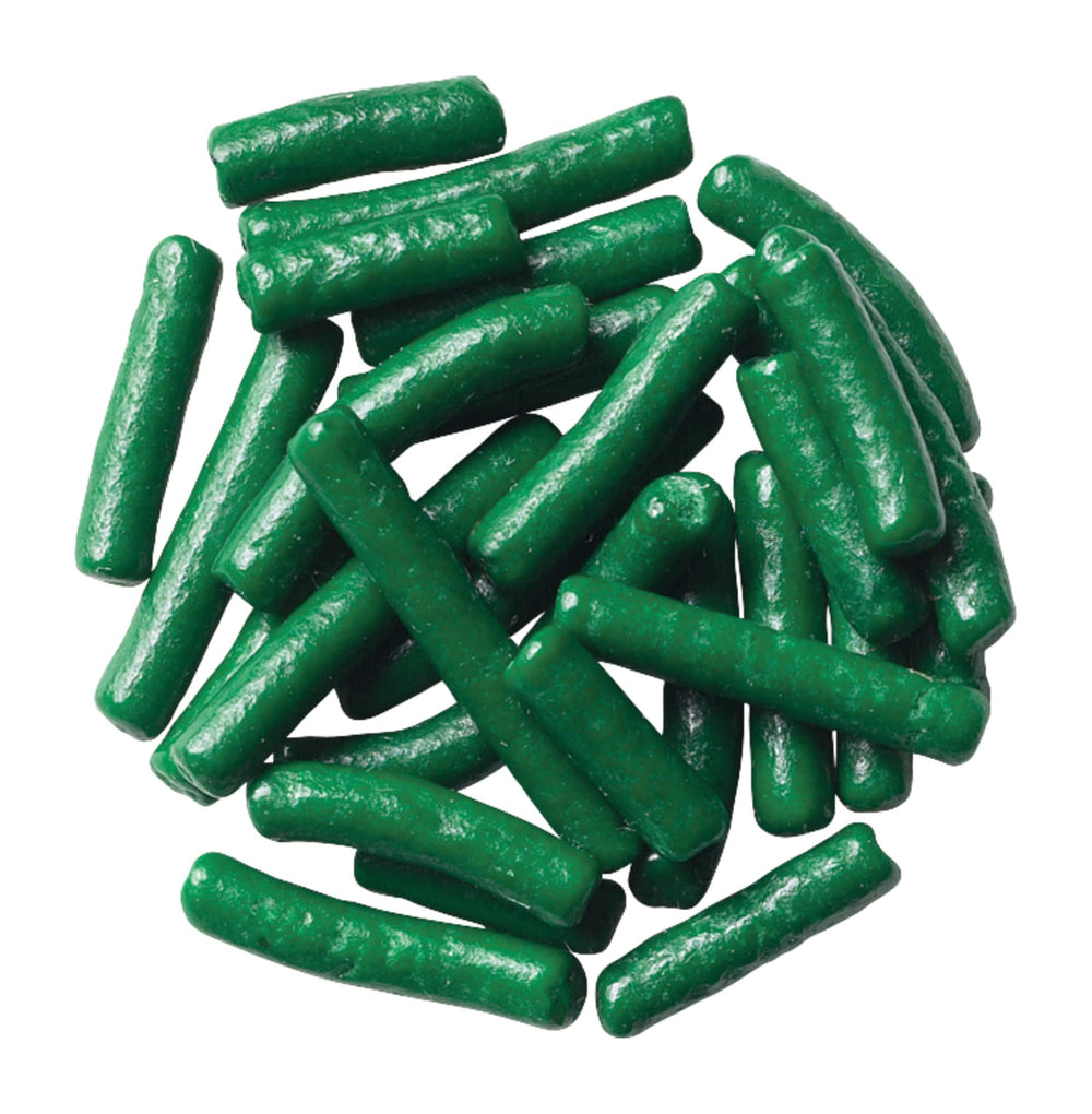 DecoPac open jar top view revealing dark green sprinkles ready to use