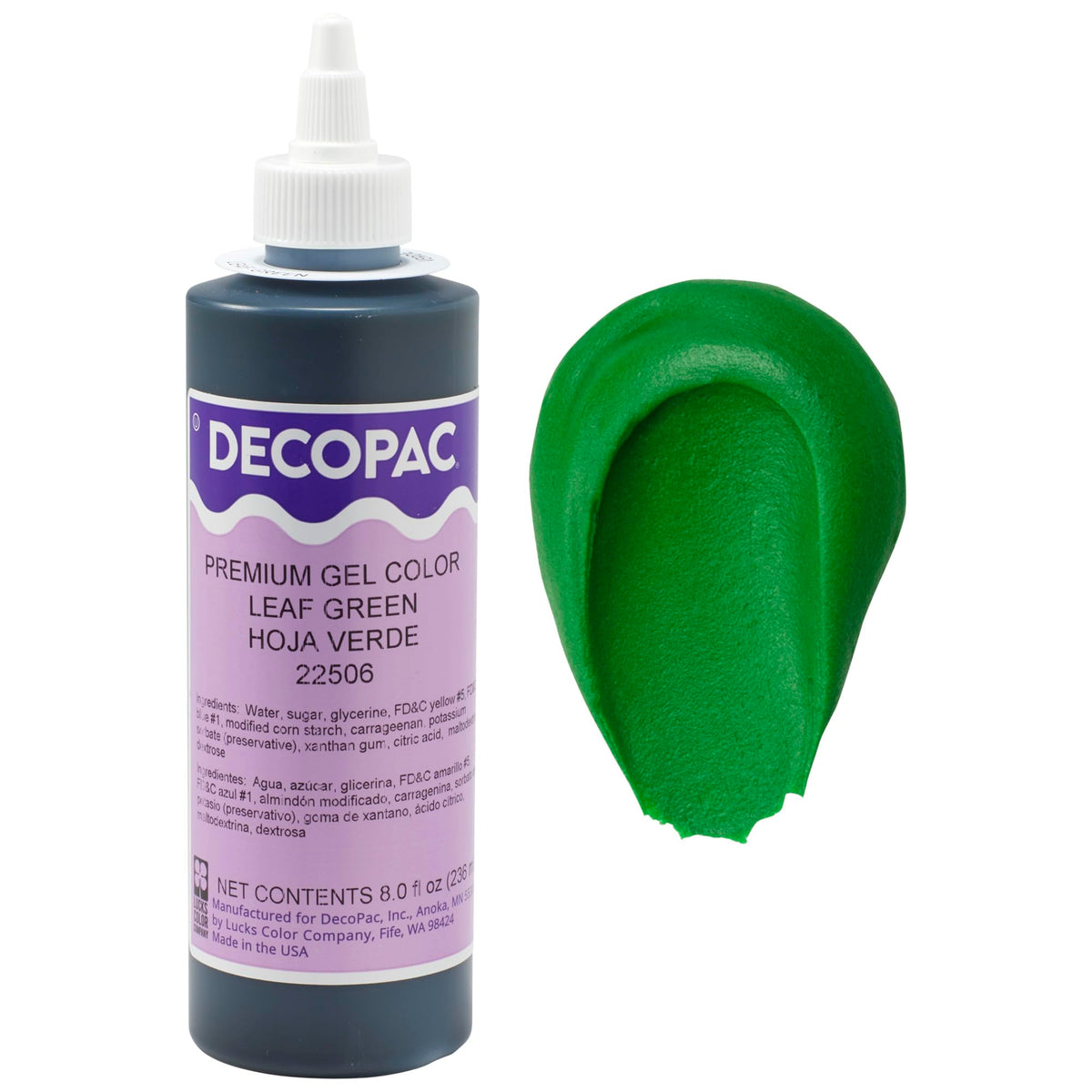 DecoPac front packaging showing 8 oz leaf green gel, clear branding and benefit