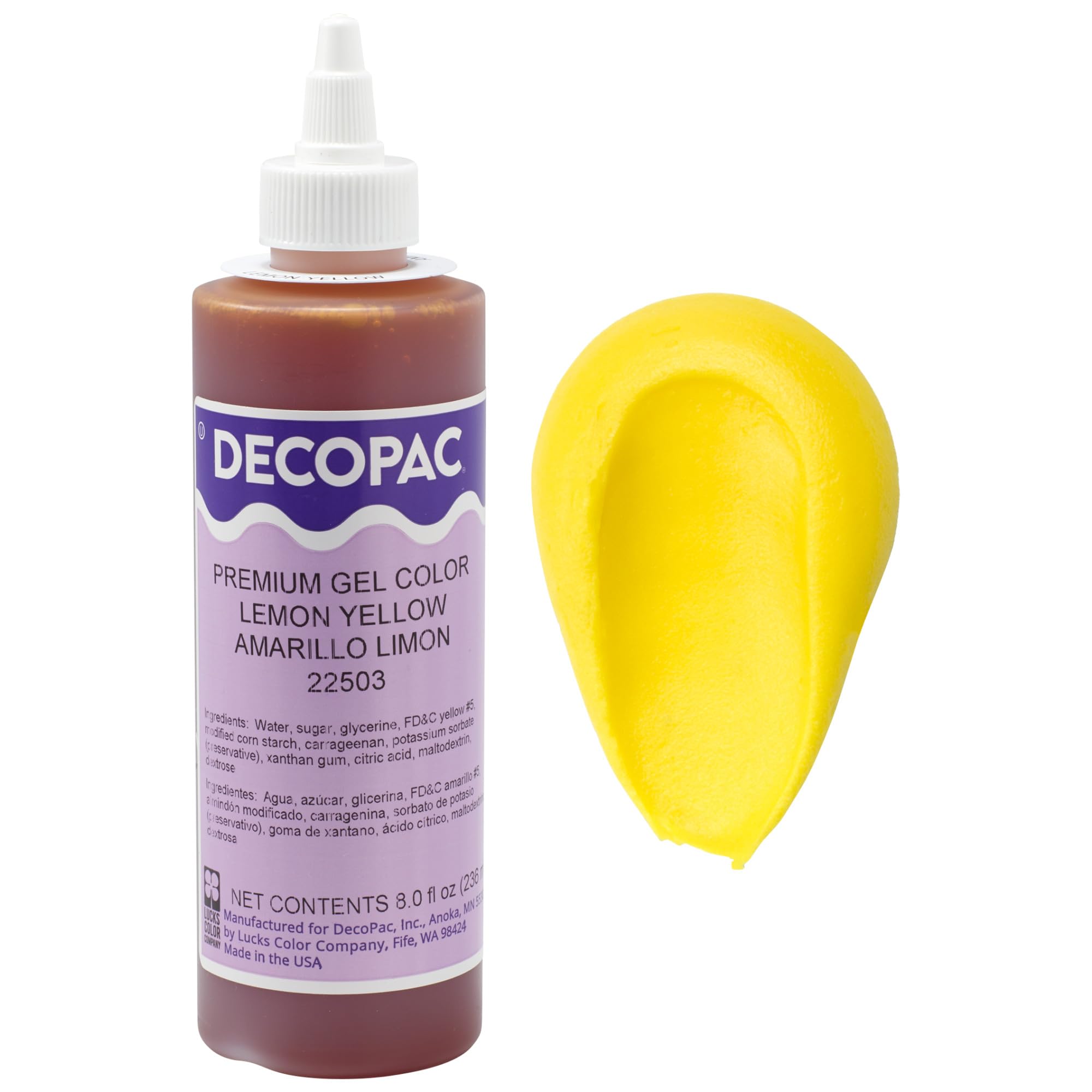 DecoPac front label showing lemon yellow gel and brand for quick identification