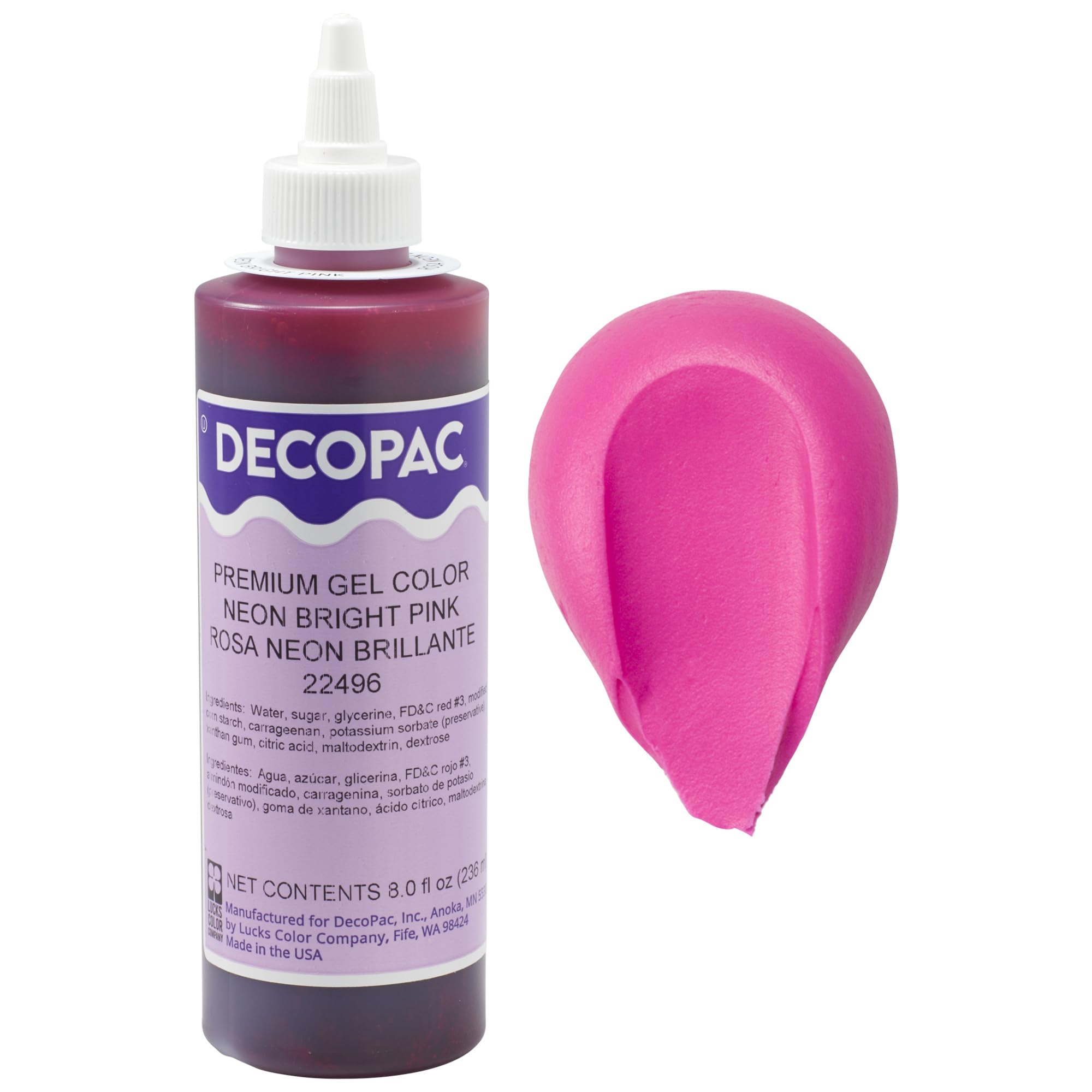 DecoPac neon bright pink front packaging showing bottle and label benefits