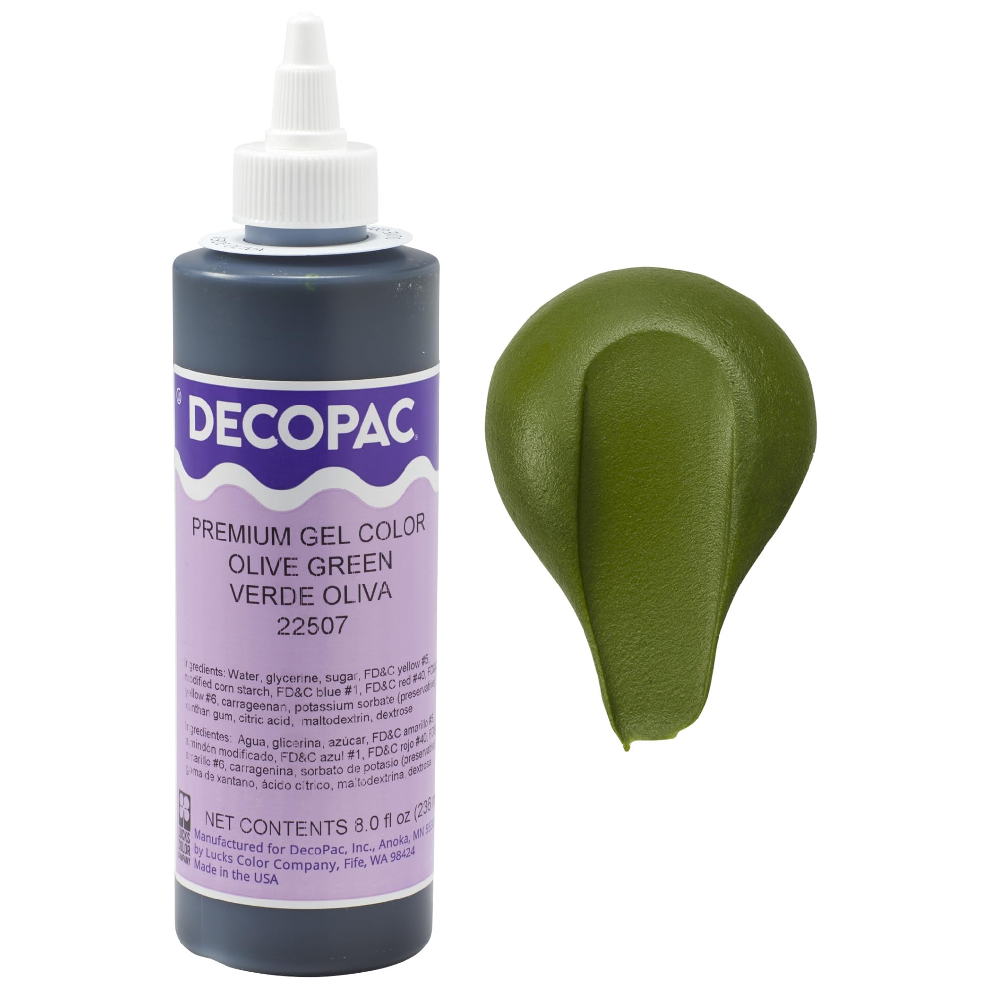 DecoPac bottle front view showing olive green gel and benefit of easy dispensing