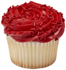 DecoPac red sprinkles scattered on buttercream cupcake adding bright finish