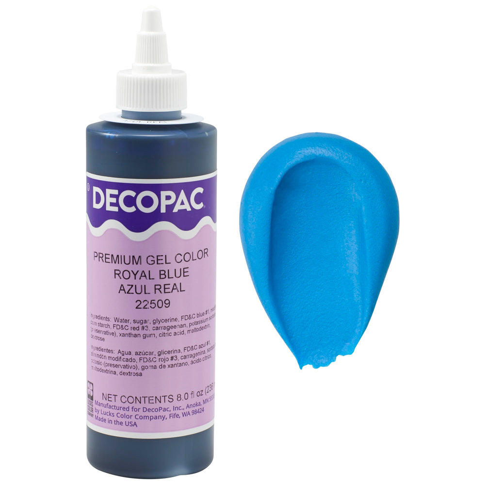 DecoPac front packaging showing royal blue gel and clear label for easy identification