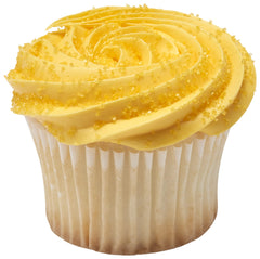 DecoPac sanding sugar poured onto cupcake, quick vibrant finishing touch