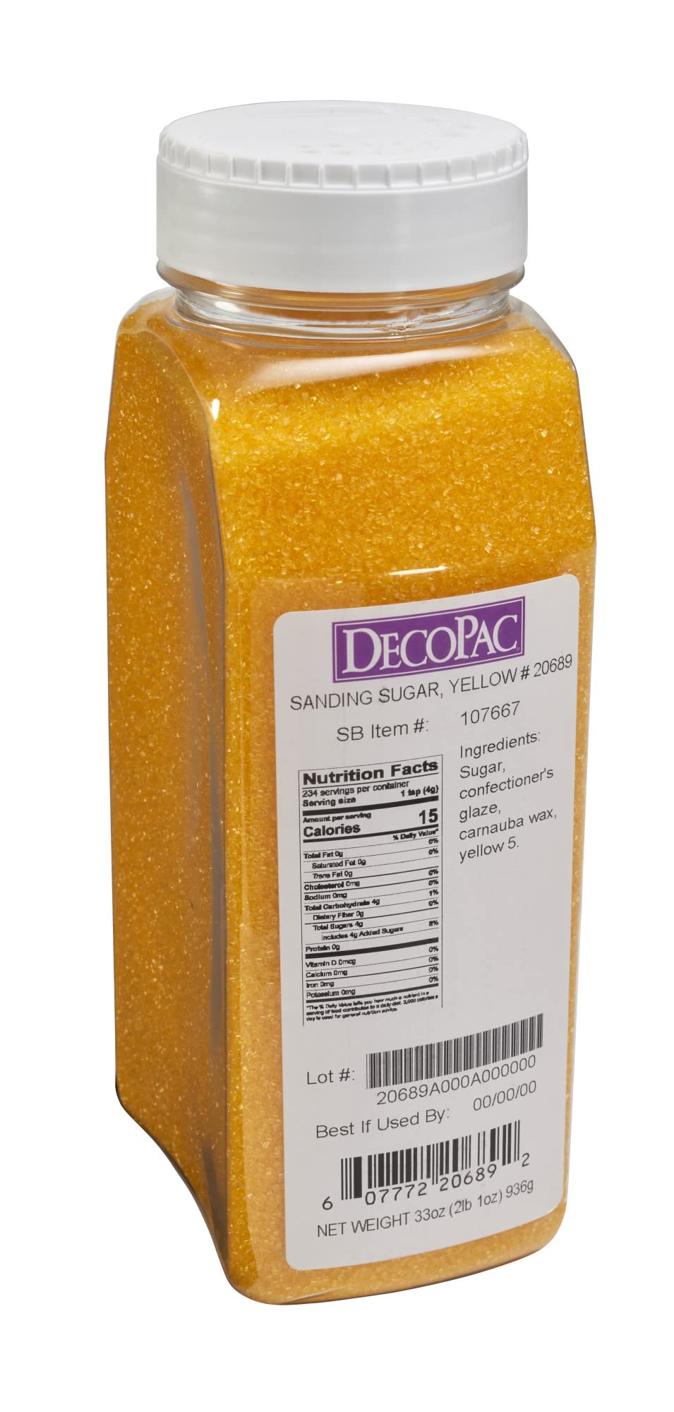 DecoPac yellow sanding sugar crystals close-up, fine texture adds subtle sparkle