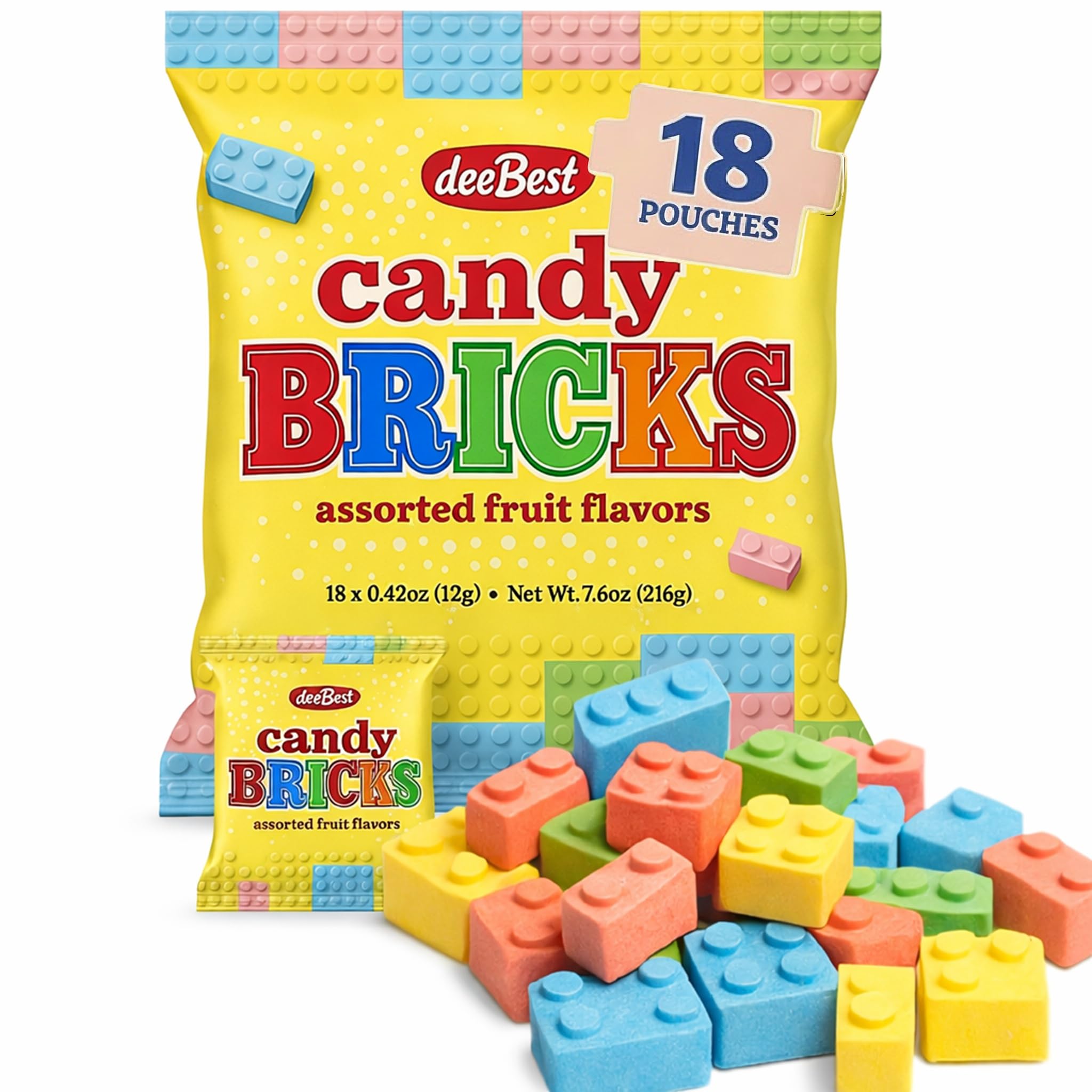 Dee Best front packaging showing 18 party favor bags and colorful bricks for easy gifting