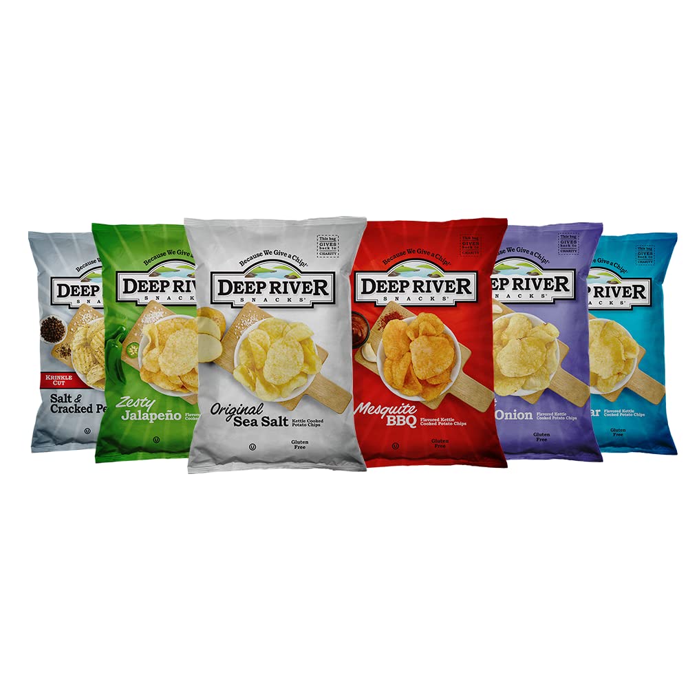 Deep River Snacks front packaging showing variety pack and convenient single-serve benefit