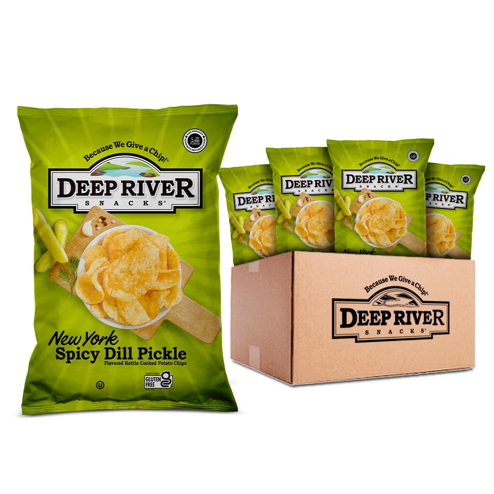 Deep River front packaging showing 2 oz spicy dill pickle kettle chips, portable flavor