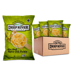 Deep River front packaging showing 2 oz spicy dill pickle kettle chips, portable flavor
