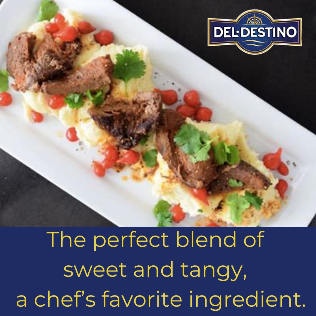 Del Destino sliced peppers on toast adding sweet tang and colorful garnish