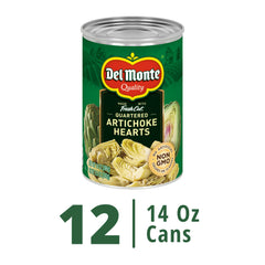 Del Monte open can revealing quartered artichoke hearts ready to use