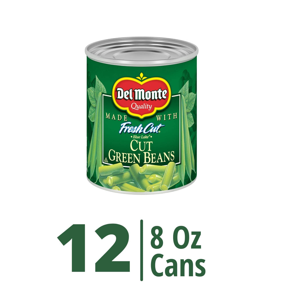 Del Monte BLUE LAKE open can top-down view showing bright green beans, ready-to-serve