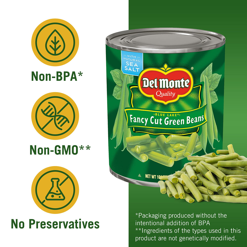 Del Monte can opened showing green beans ready to serve and save time
