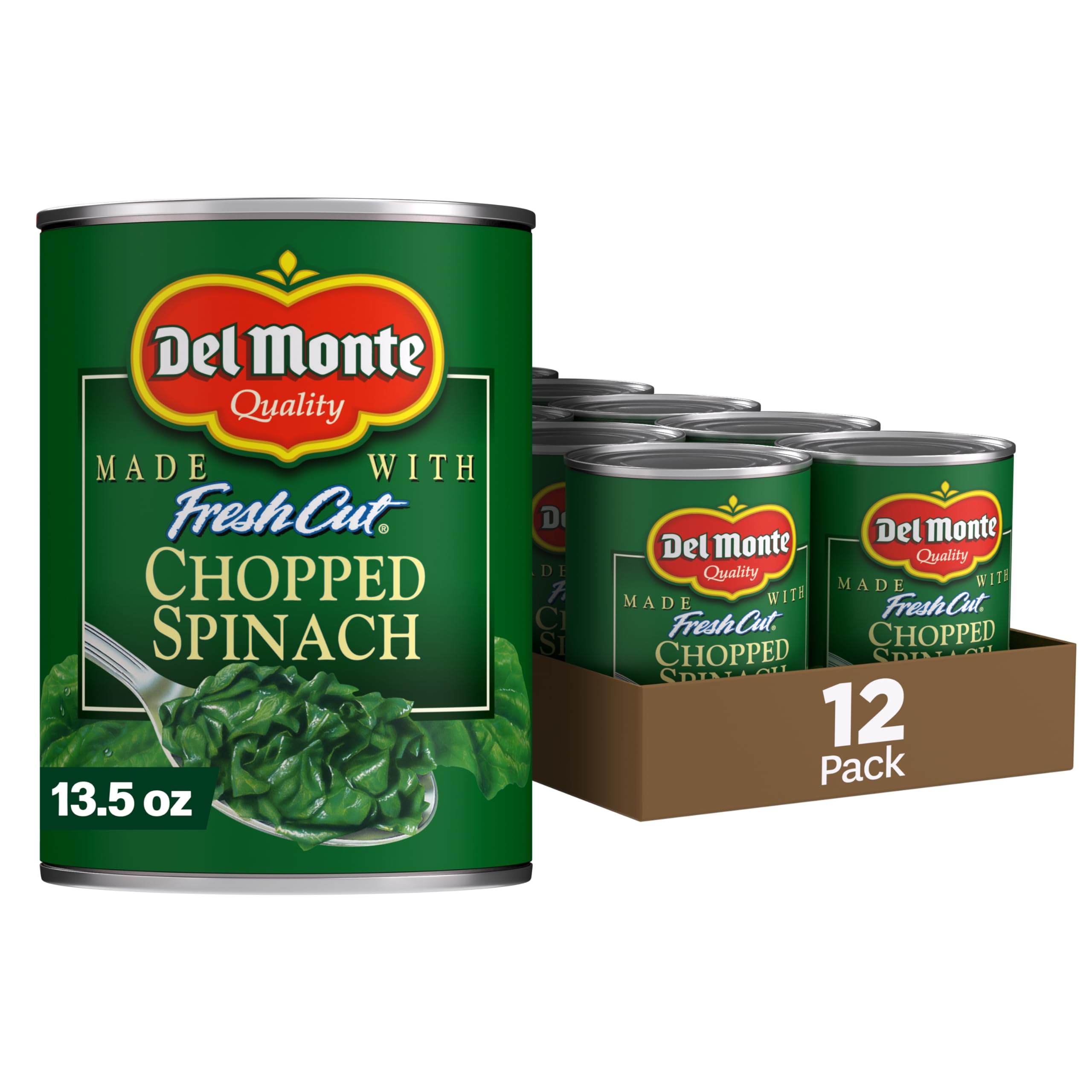 Del Monte front can view showing label and ready-to-use spinach benefit