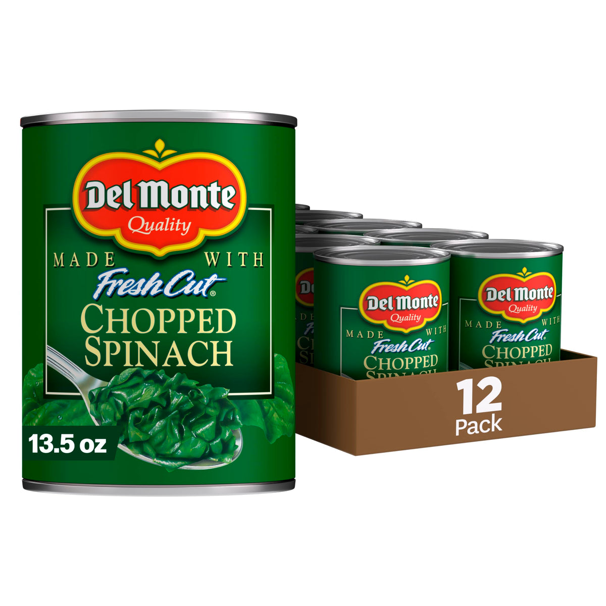 Del Monte front can view showing label and ready-to-use spinach benefit