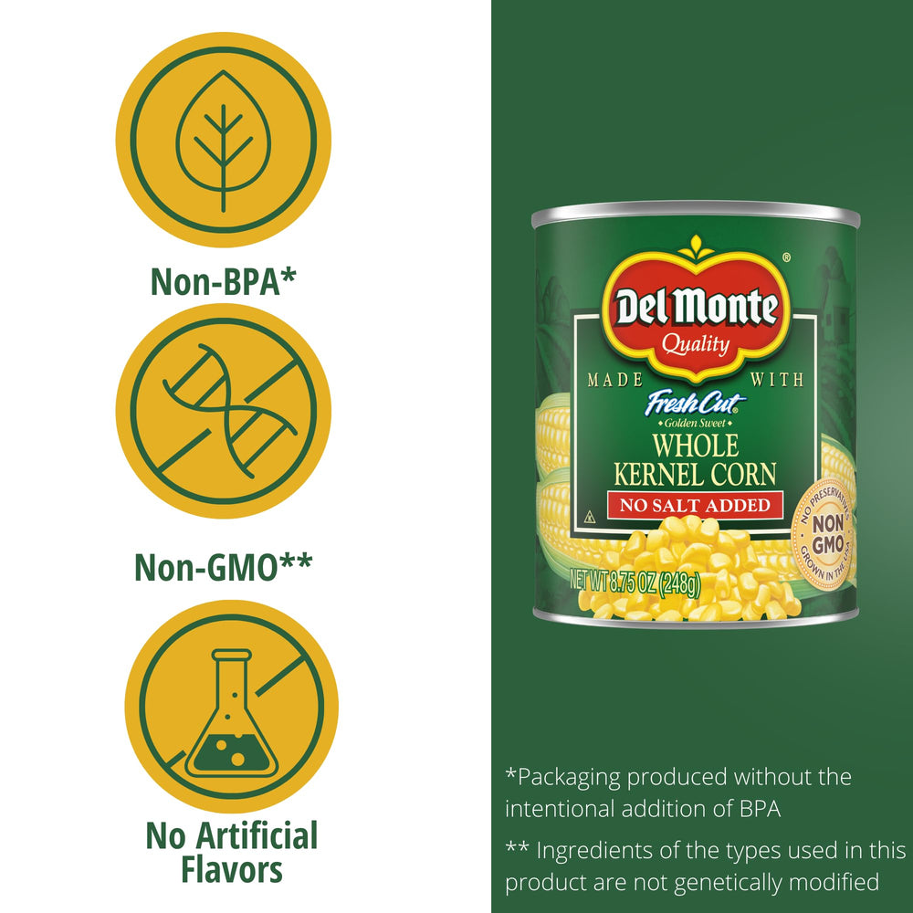 Del Monte close-up of golden whole kernels highlighting texture and natural sweetness