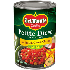 Del Monte front can showing petite diced tomatoes with hatch chile, flavorful convenience