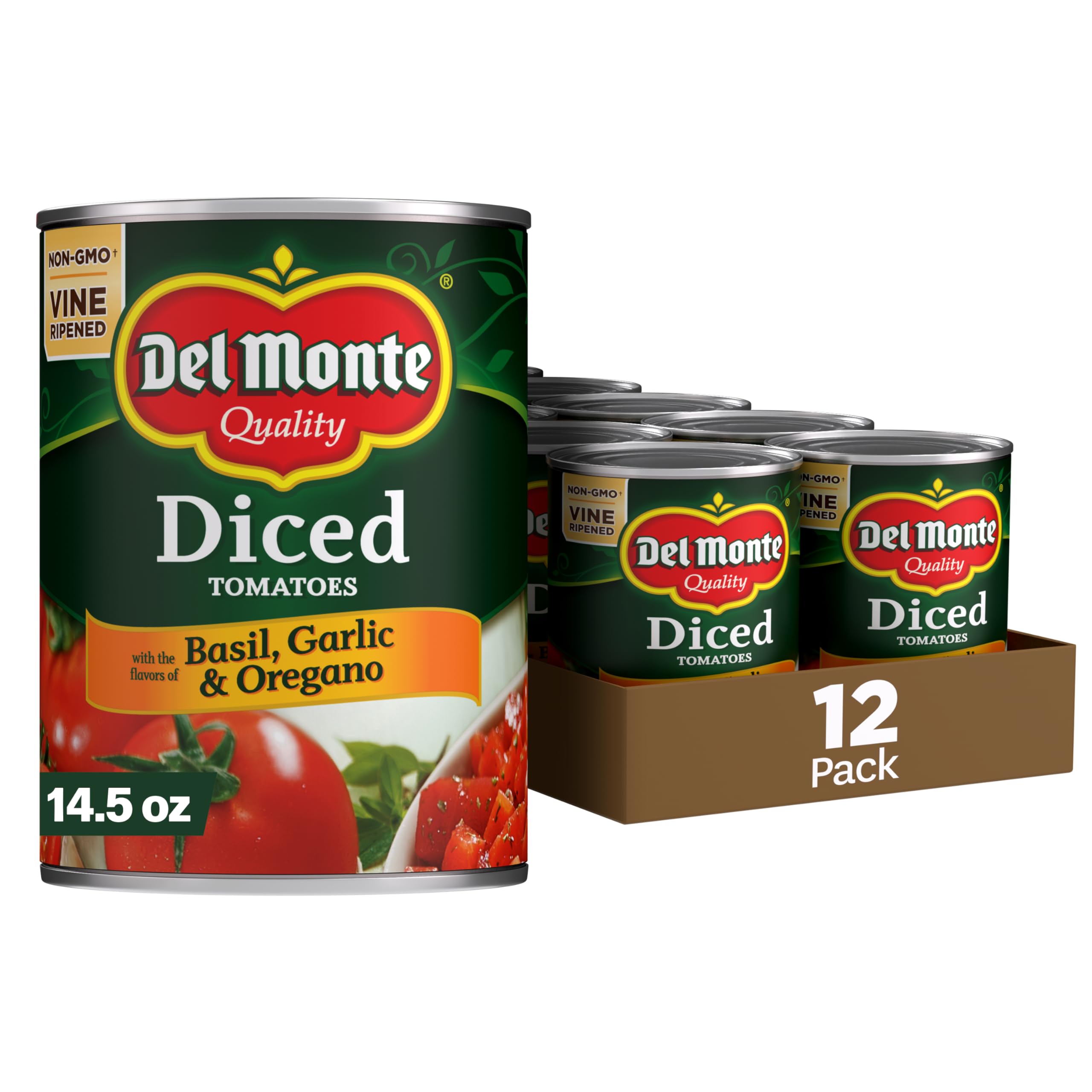Del Monte front can showing diced tomatoes and herb seasoning for quick cooking