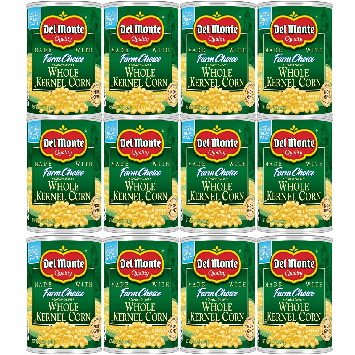 Del Monte front packaging displaying 12-pack and convenient pull-top cans for easy use