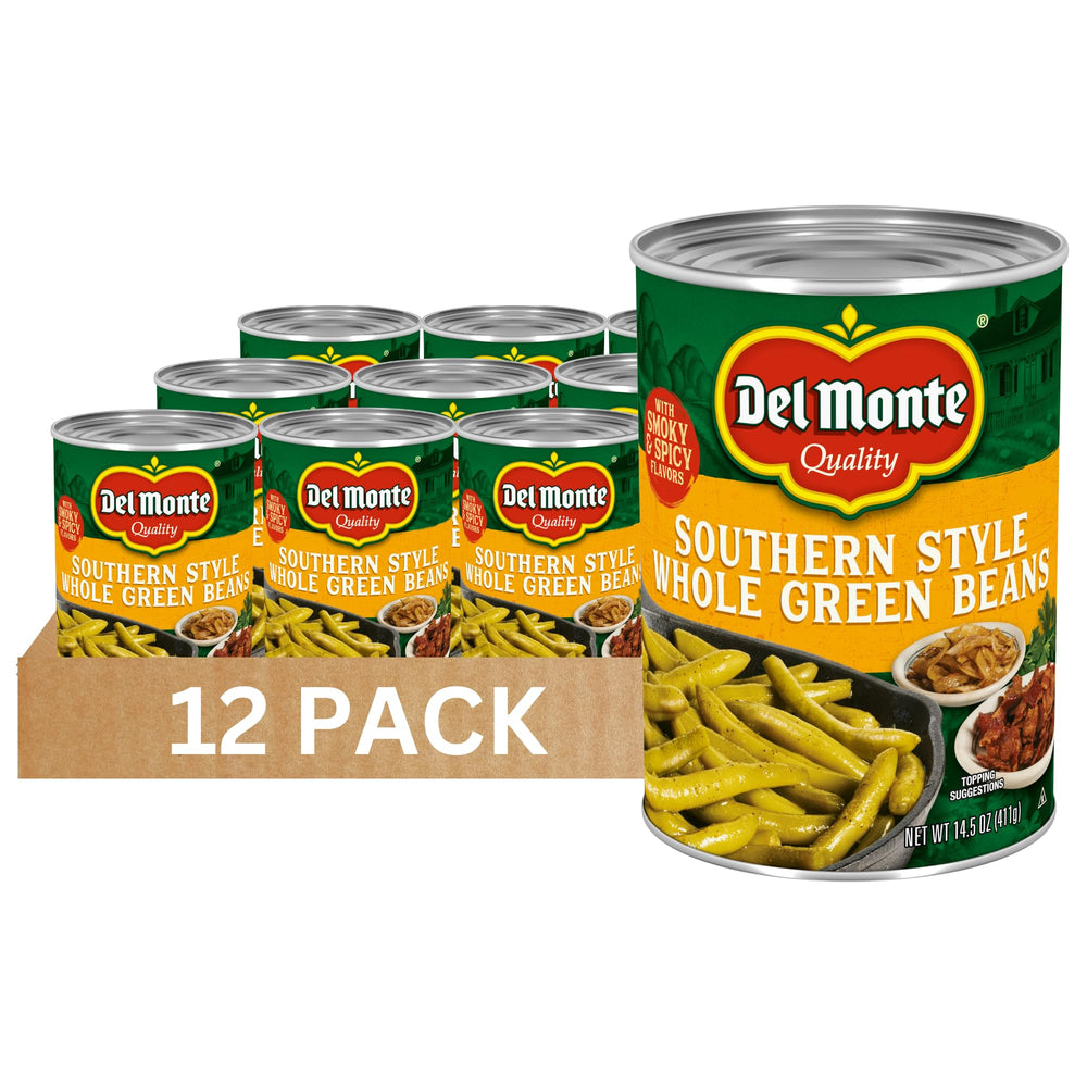 Del Monte front packaging showing Southern Style whole green beans and smoky flavor benefit