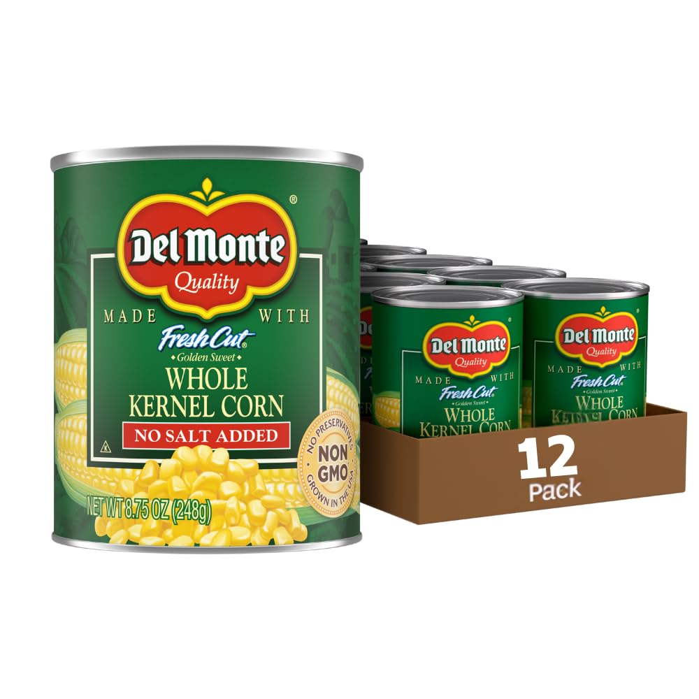 Del Monte front packaging showing label and pack of twelve, convenient pantry staple