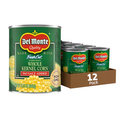 Del Monte front packaging showing label and pack of twelve, convenient pantry staple