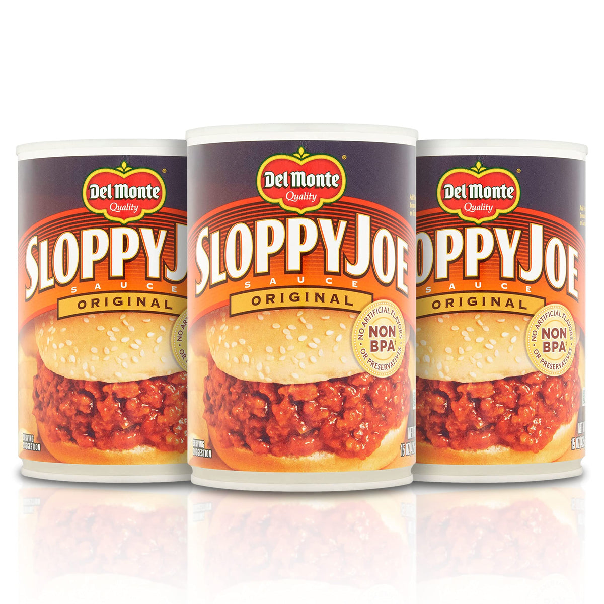 Del Monte front packaging showing three 15 oz cans and convenient meal-ready benefit