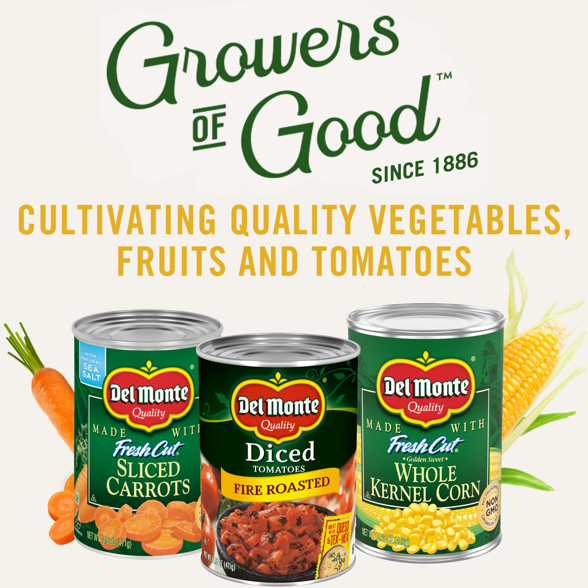 Del Monte cans on a kitchen shelf demonstrating convenient pantry storage