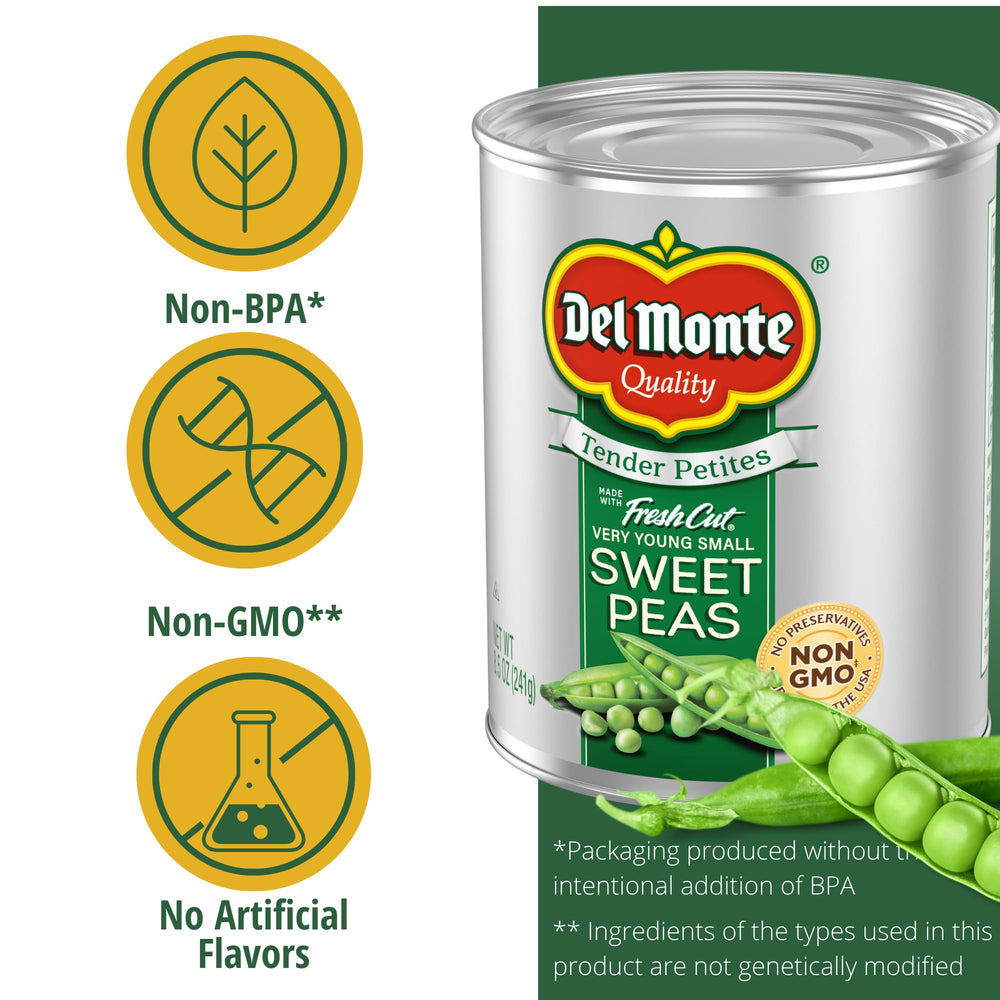 Del Monte peas texture close-up showing fresh crispness and color