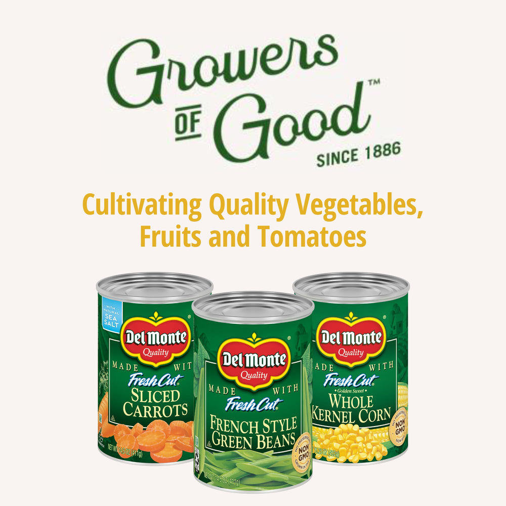 Del Monte can held in hand showing 8.75-ounce scale for portion and storage