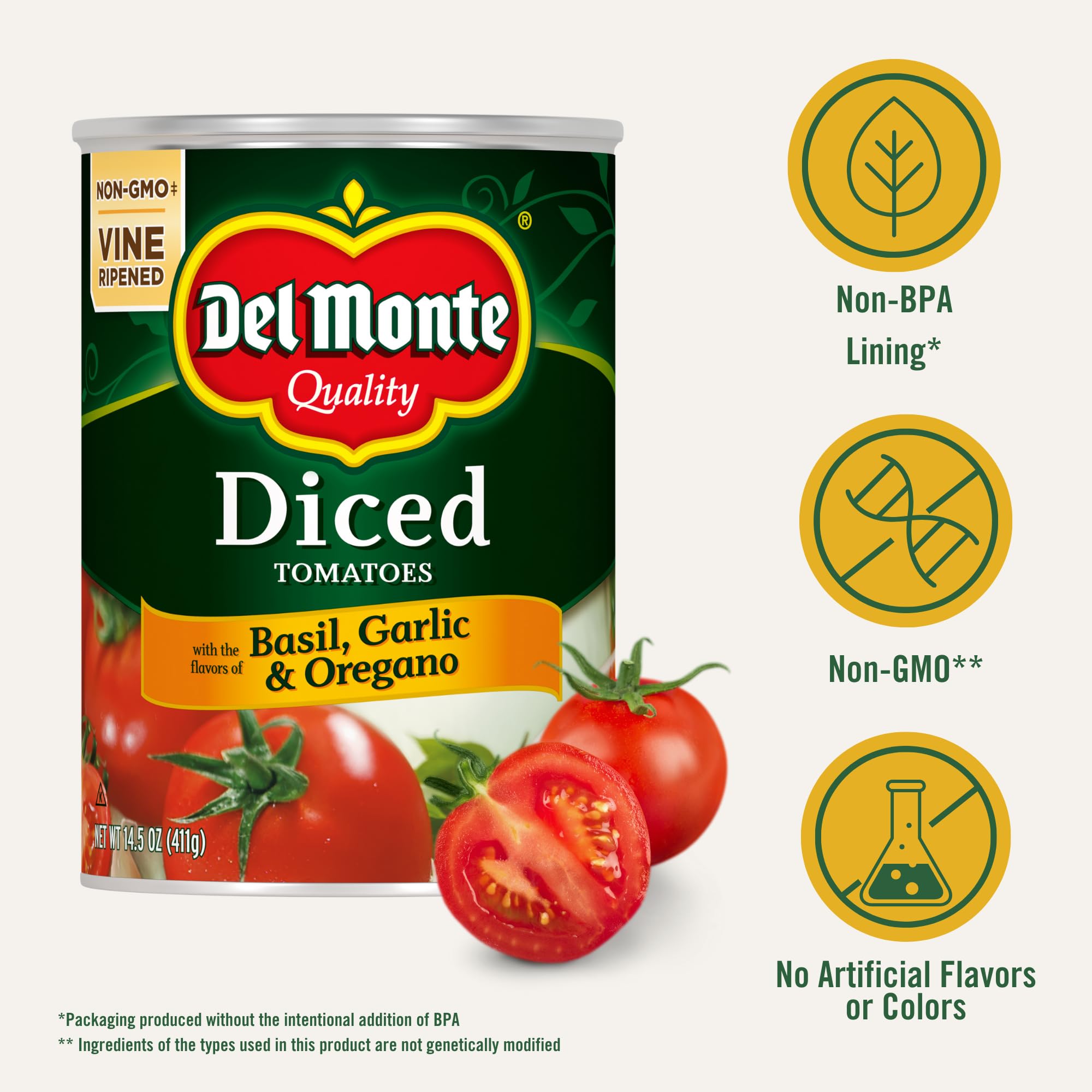 Del Monte close-up of diced tomato texture emphasizing fresh-made mouthfeel