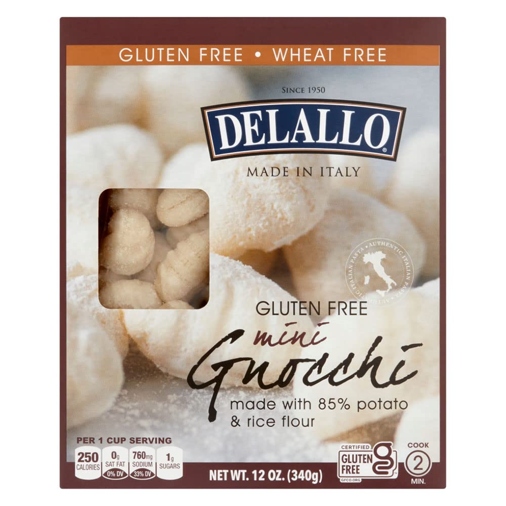 DeLallo front packaging showing gluten free mini gnocchi and convenience