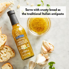 Texture close-up showing DeLallo oil with visible Parmesan and garlic pieces for rich flavor